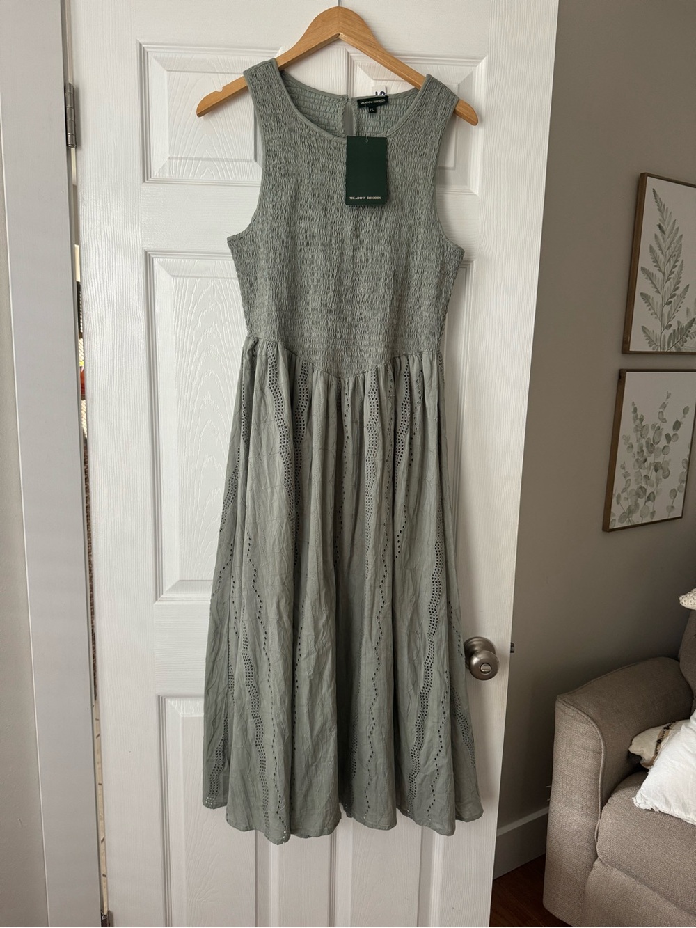 Anthropologie Meadow Rhodes Sleeveless Sage Green Eyelet Maxi Dress